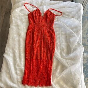 House of CB Fiery Red Lace Midi Dress